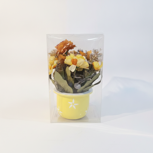 Mini Artificial Flower Pot – Yellow Ceramic Desk Décor