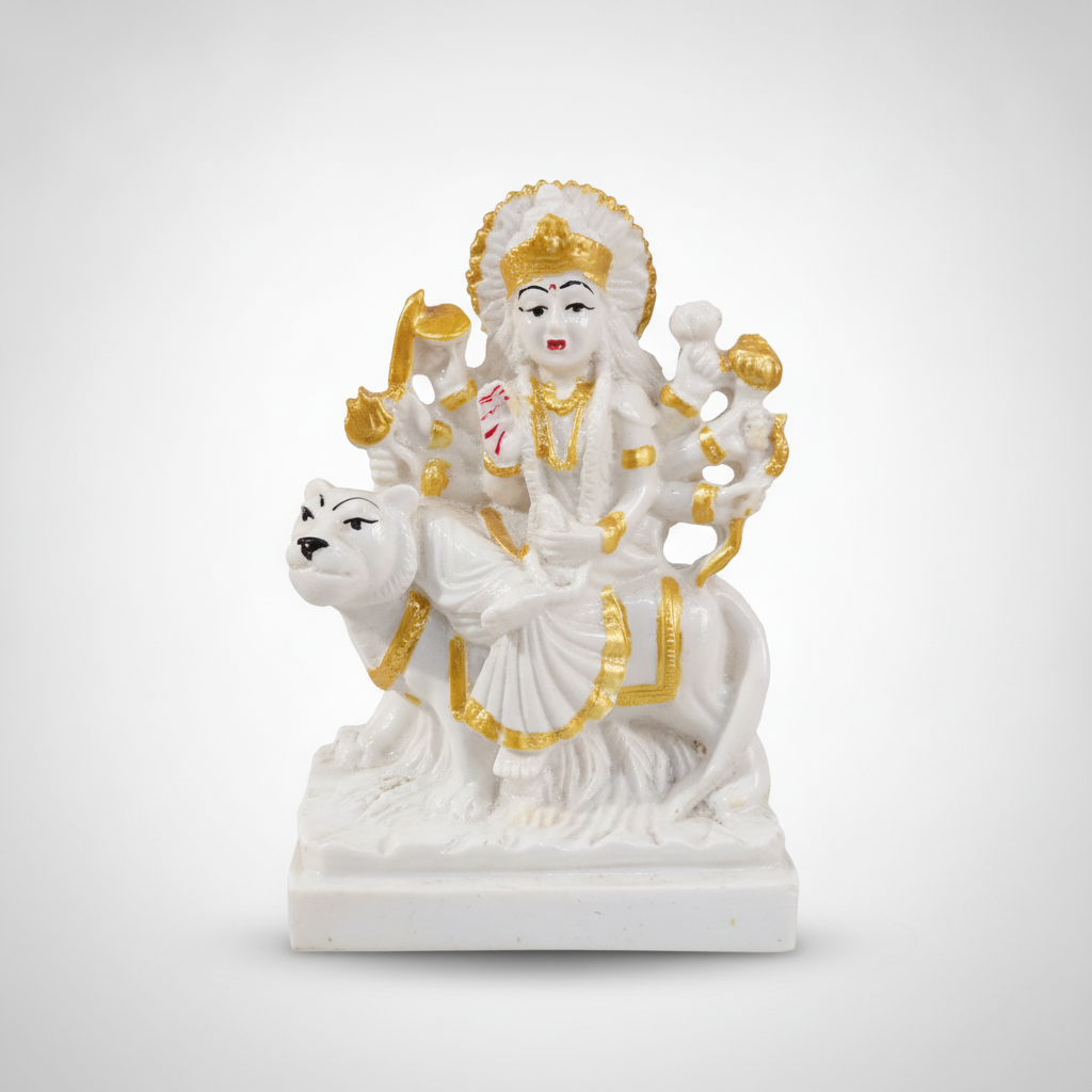 Marble Goddess Durga Maa Statue with Lion – White & Gold