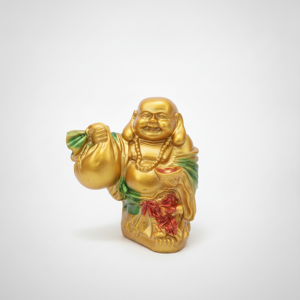Golden Laughing Buddha Figurine with Wealth Bag & Beads