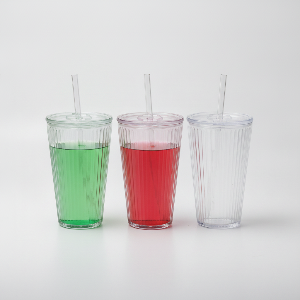 Ribbed Glass Tumbler with Glass Straw & Lid