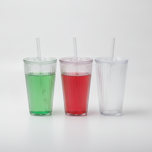 Ribbed Glass Tumbler with Glass Straw & Lid