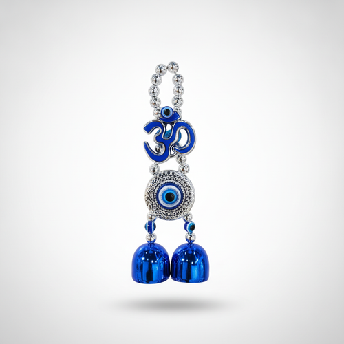 Om & Evil Eye Wind Chime with Blue Bells & Silver Beads