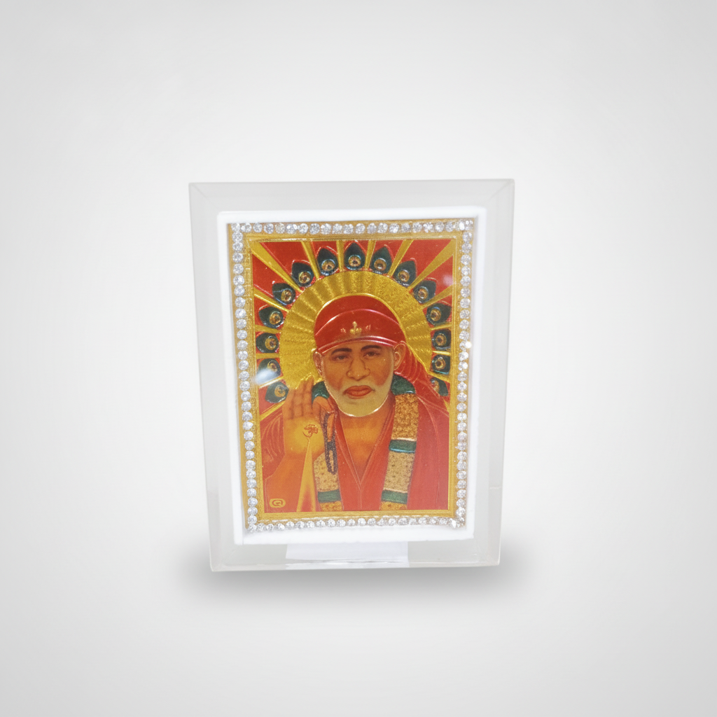 Sai Baba Car Dashboard Frame with Crystal Border
