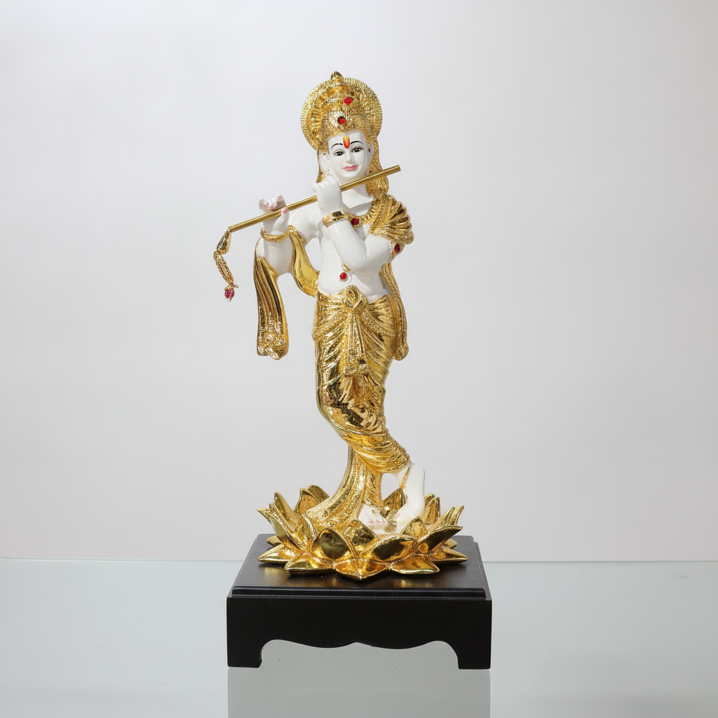 Lord Krishna Flute Statue 13 Inch | Gold & White Figurine