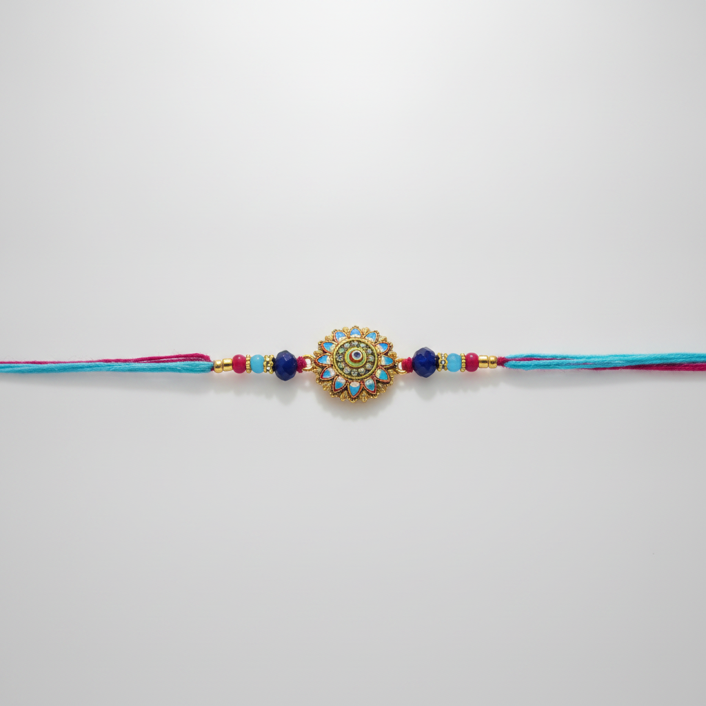 Floral Meenakari Rakhi with Blue & Maroon Beads