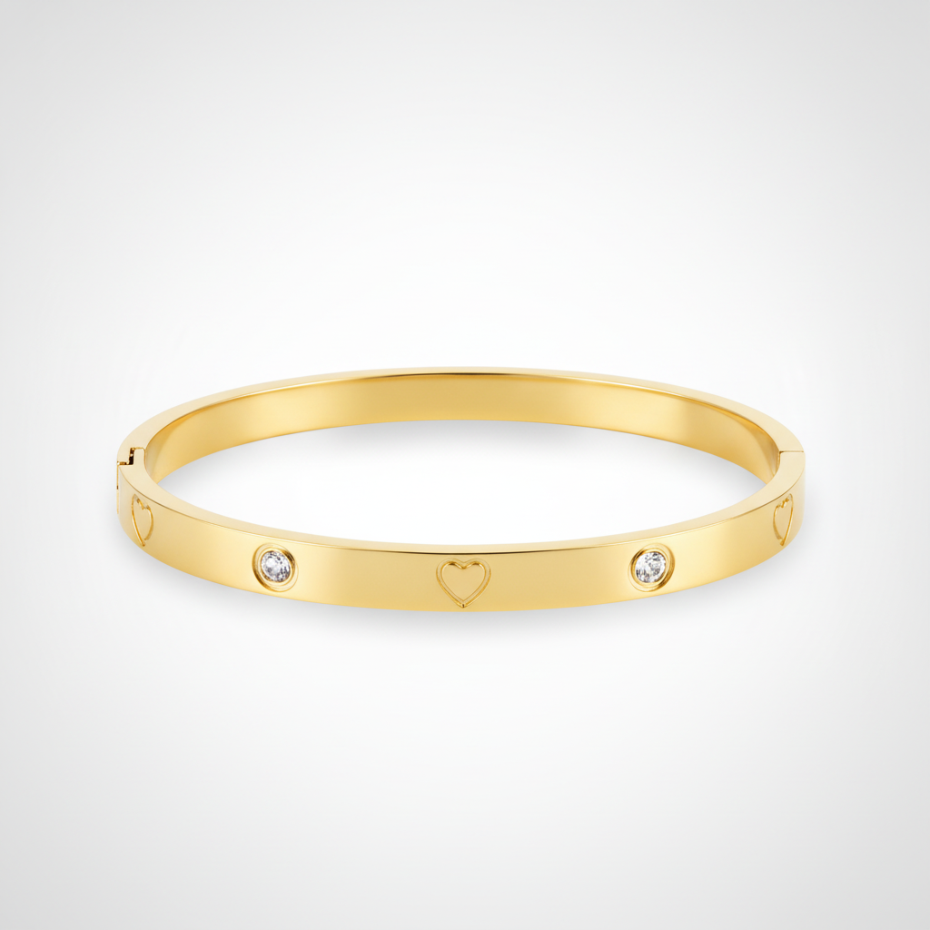 Gold Heart Bangle Bracelet with Crystal Accents