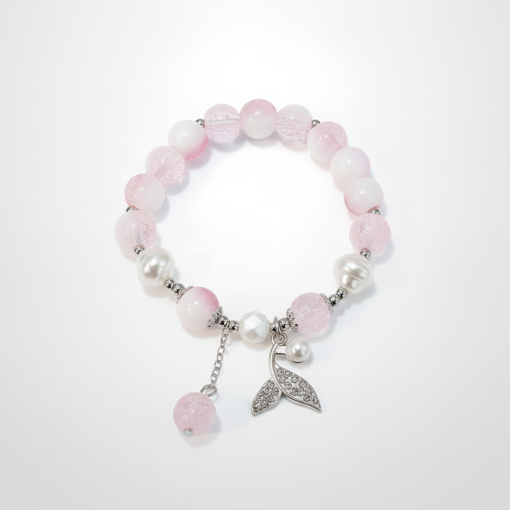 Pink Rose Quartz & Opal Bead Bracelet with Mermaid Tail Charm