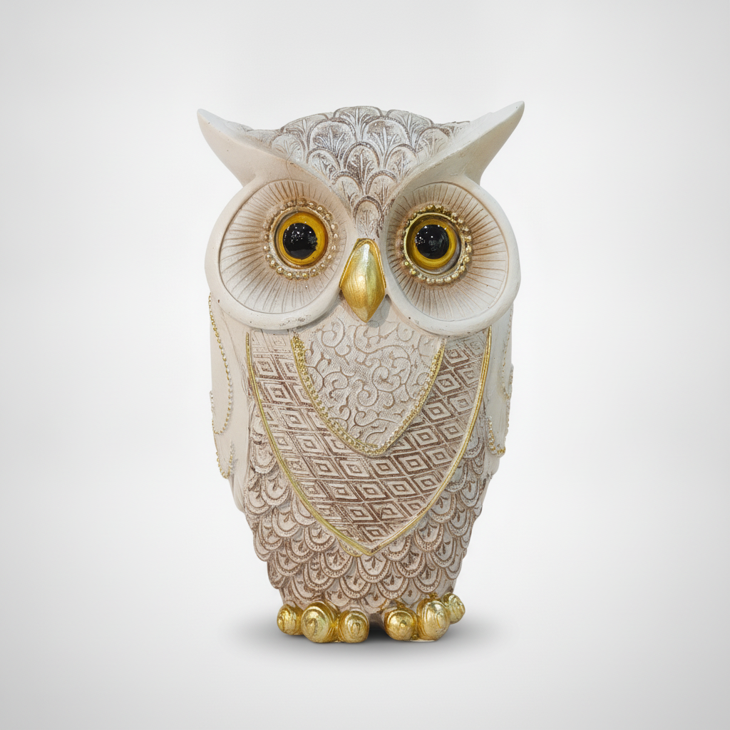 Ornate White & Gold Decorative Owl Figurine – Resin Statue