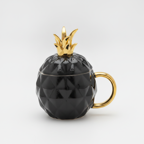 Black & Gold Pineapple Ceramic Mug with Lid