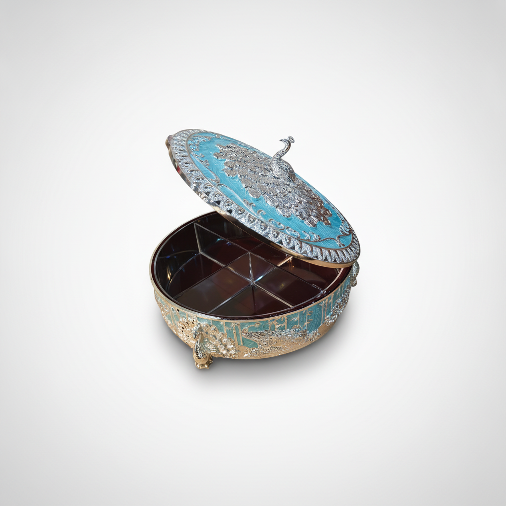 Peacock Meenakari Round Dry Fruit Box – Silver & Teal
