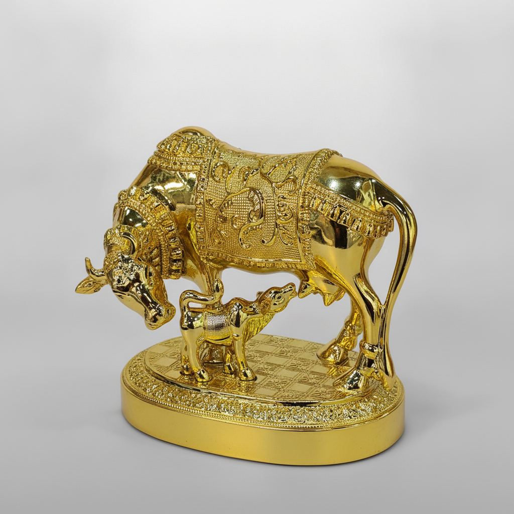 Gold Kamdhenu Cow & Calf Idol – Decorative Figurine