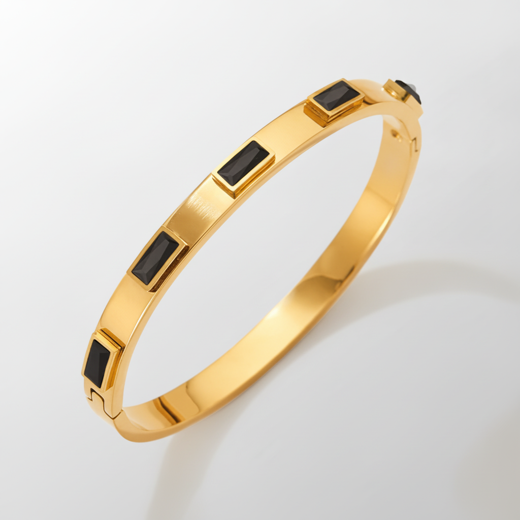 Gold Bangle Bracelet with Black Baguette Stone Accents