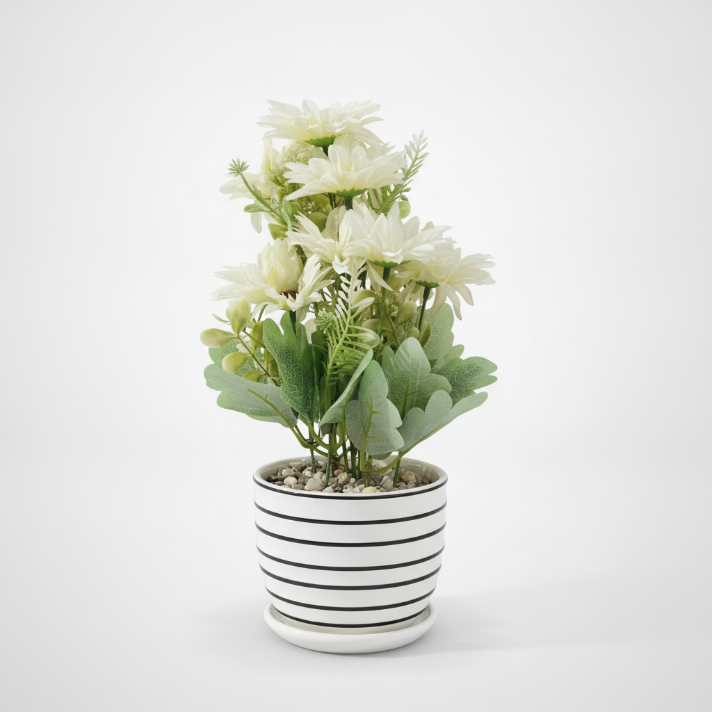 White Daisy Artificial Floral Arrangement in Striped Ceramic Pot