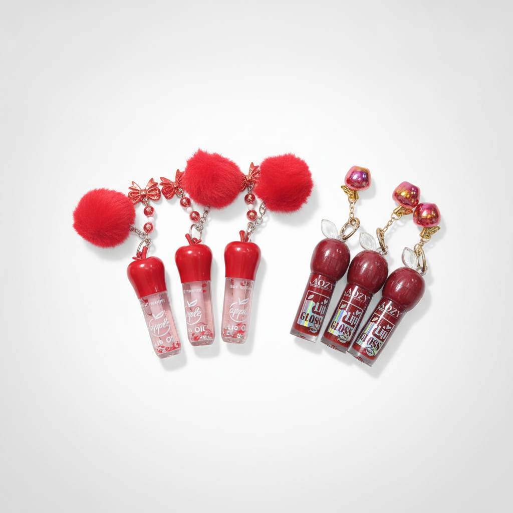 Cute Apple Lip Gloss & Lip Oil Set with Pom Pom Charm