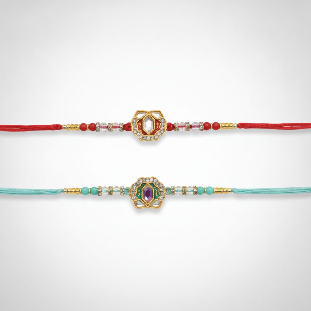 Traditional Kundan Rakhi Set of 2 – Red & Teal
