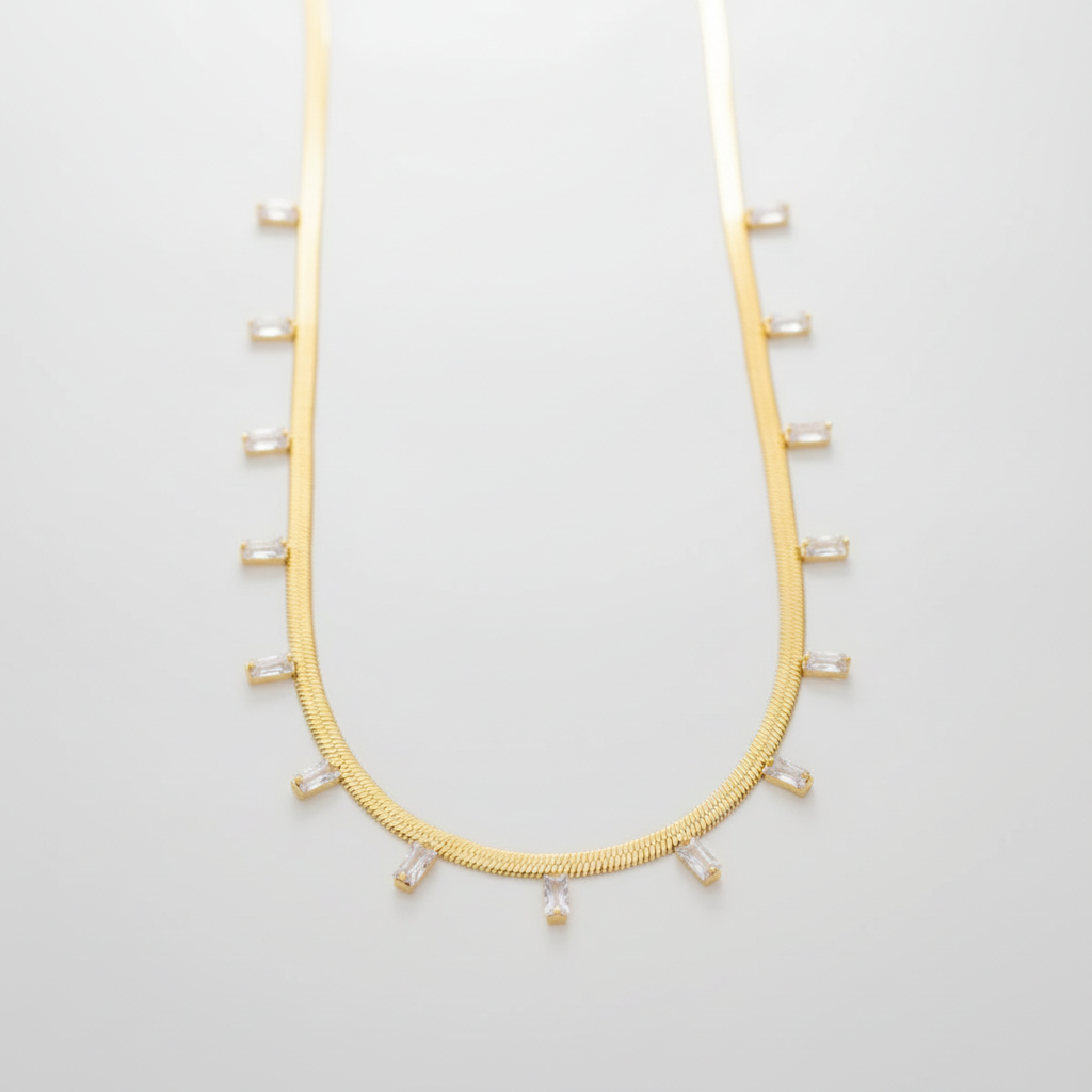 Gold Herringbone Chain Necklace with Crystal Baguette Charms