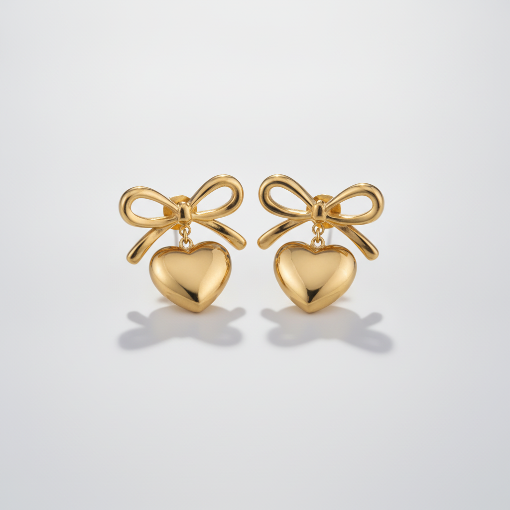 Gold Bow & Heart Drop Earrings – Elegant Dangle Studs