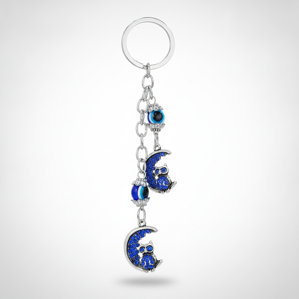 Evil Eye Owl & Moon Charm Keychain – Blue Crystal