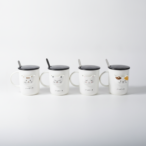 Japanese Cat Ceramic Mug Set with Lid & Spoon – ハッピー！