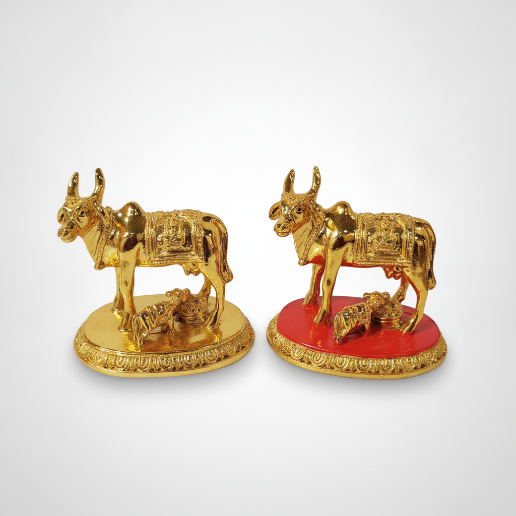 Gold Kamdhenu Cow & Calf Idol 3.5 Inch – Lucky Figurine