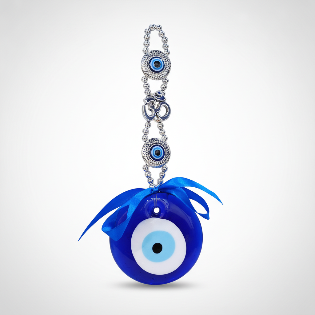 Evil Eye Wall Hanging with Om Symbol & Blue Ribbon
