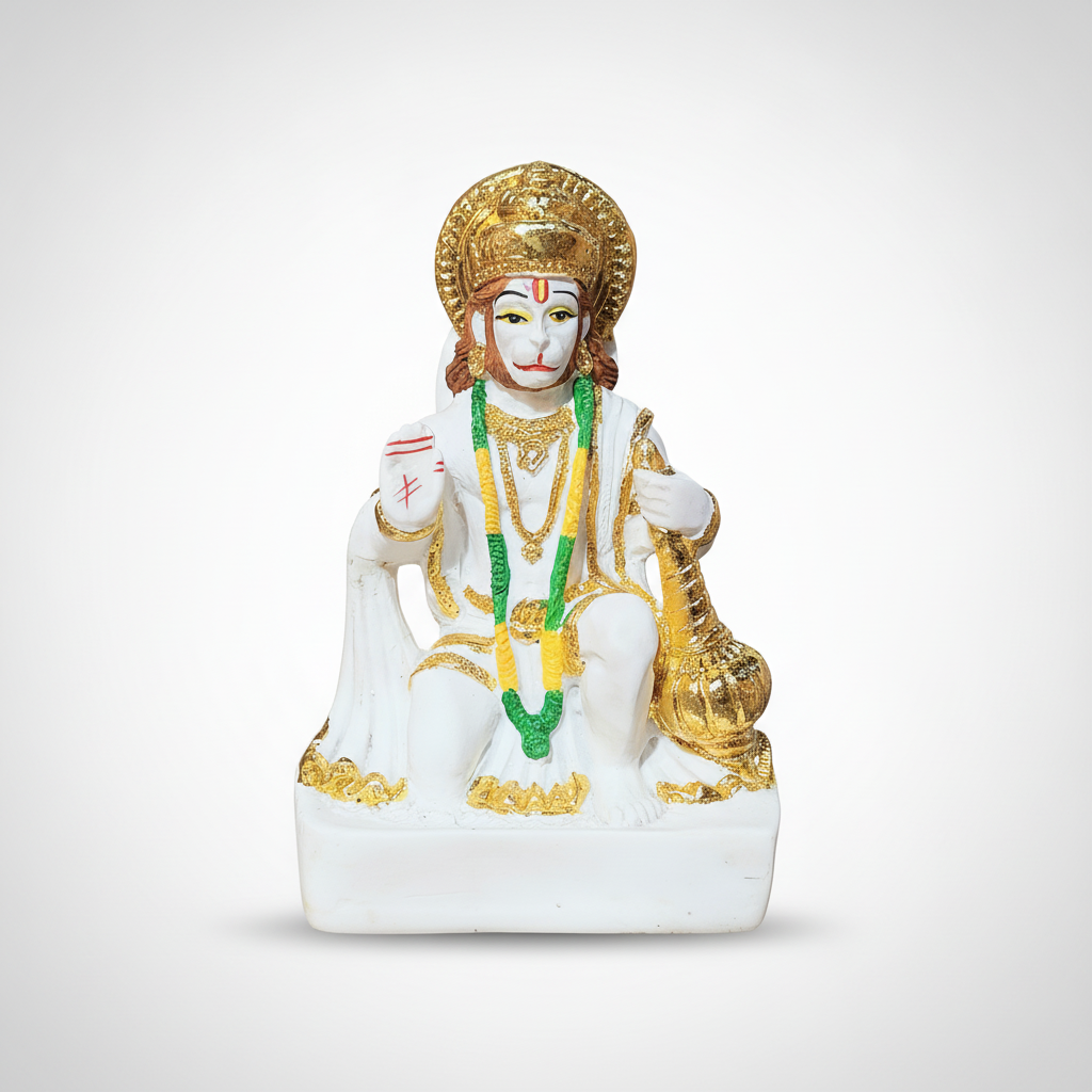 Lord Hanuman Idol 7.2 Inch White & Gold Resin Statue