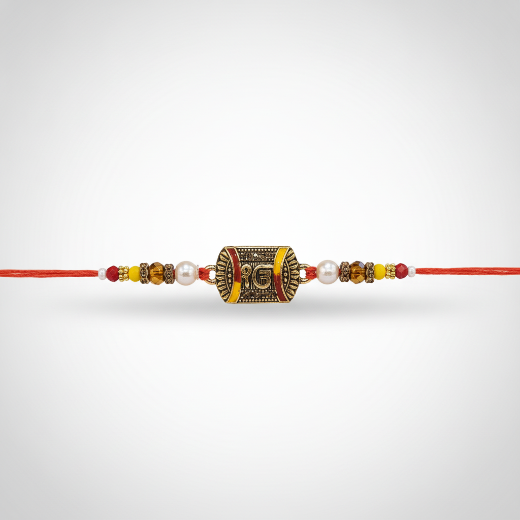 Om Rakhi Bracelet with Red Thread & Pearl Beads