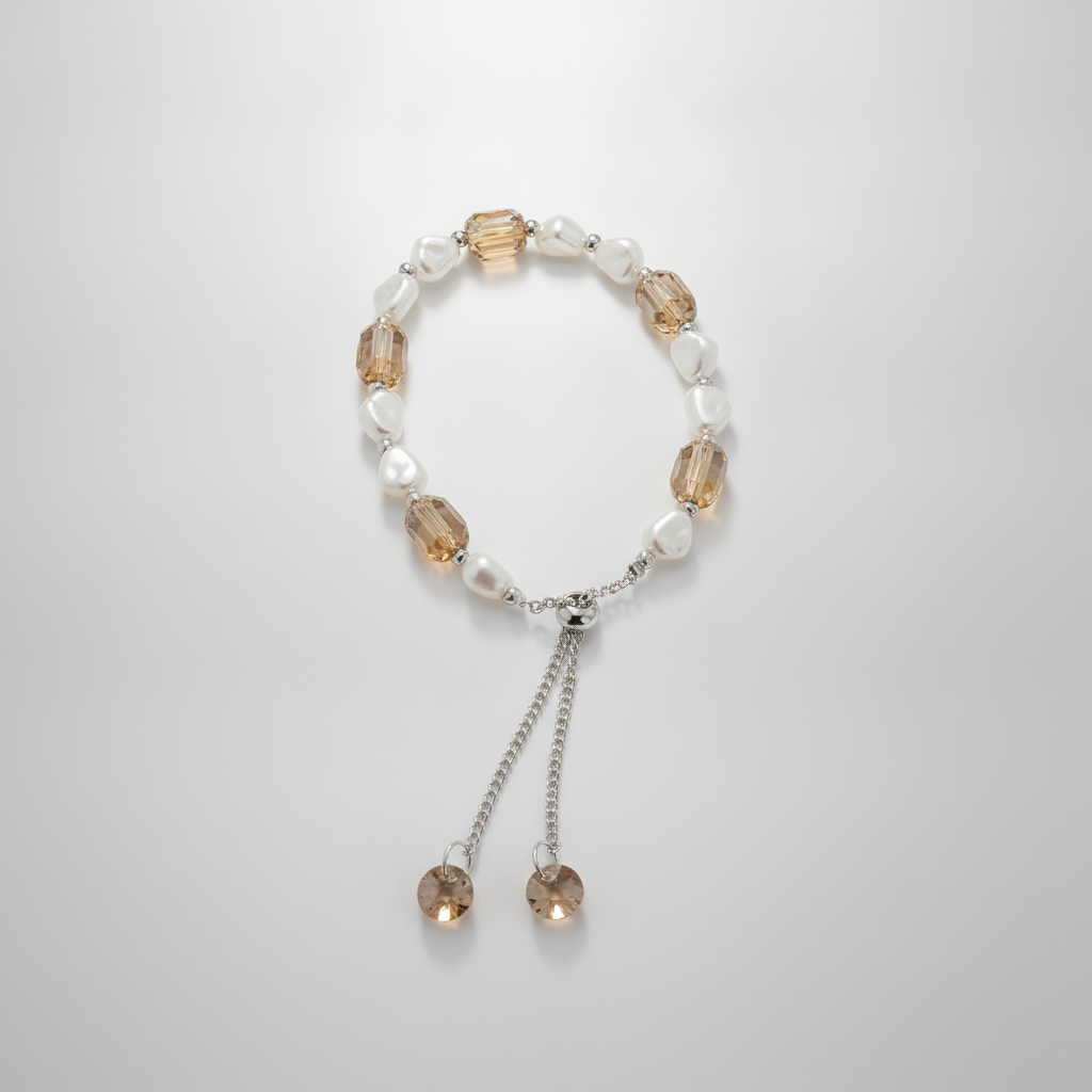 Pearl & Amber Crystal Bolo Bracelet with Heart Charms