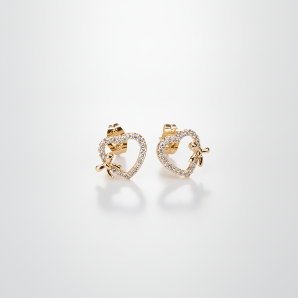 Crystal Heart Bow Stud Earrings in Gold