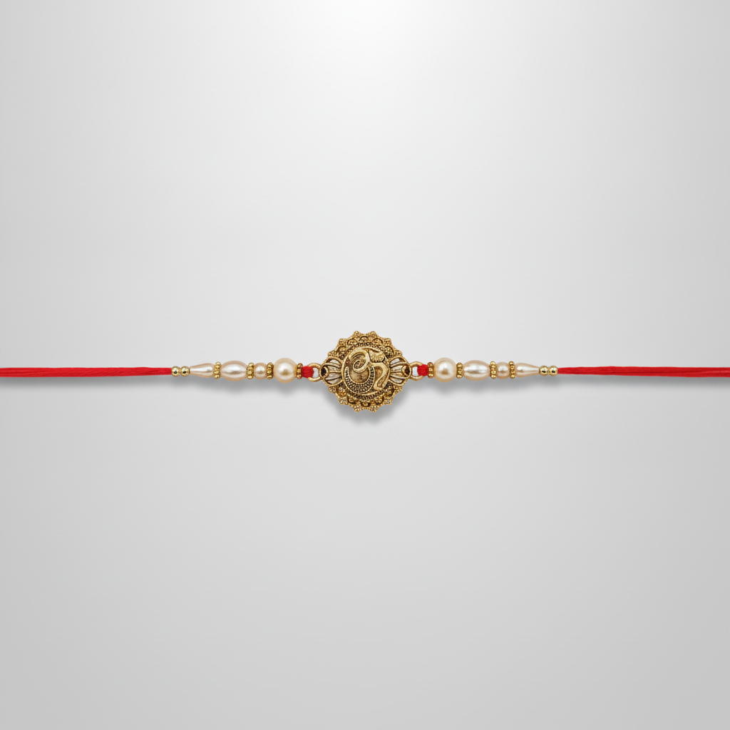 Golden Ganesha Rakhi with Pearl Beads & Red Thread