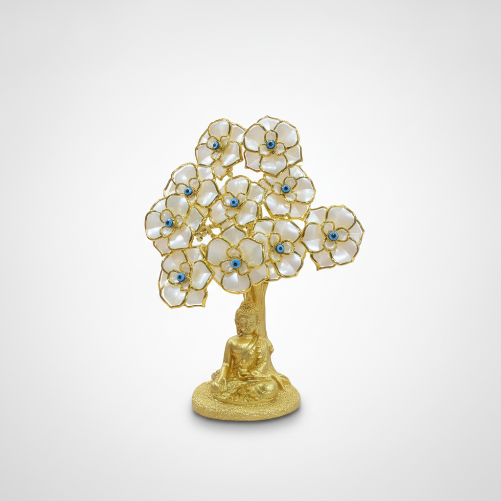 Golden Gautam Buddha Evil Eye Flower Tree Decorative Figurine