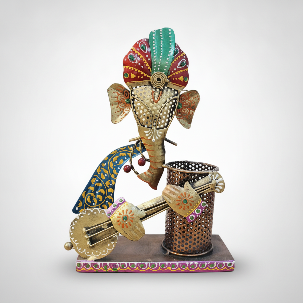 Ganesha Musician Metal Pen Stand – Handpainted Desk Organizer