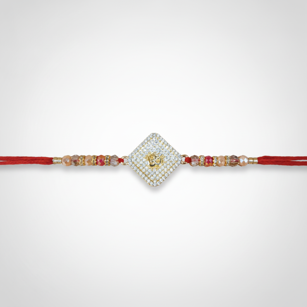 Om Diamond-Cut Rakhi with Red Thread & Crystal Beads