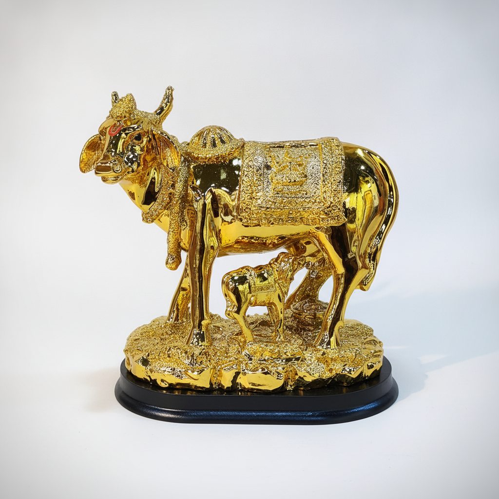 Golden Cow & Calf Feng Shui Figurine | Wealth Decor Statue