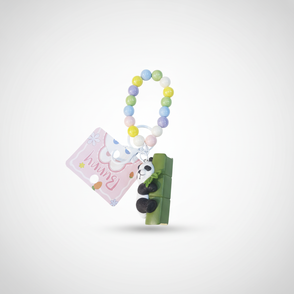Cute Panda Bamboo Keychain with Pastel Bead Wrist Strap
