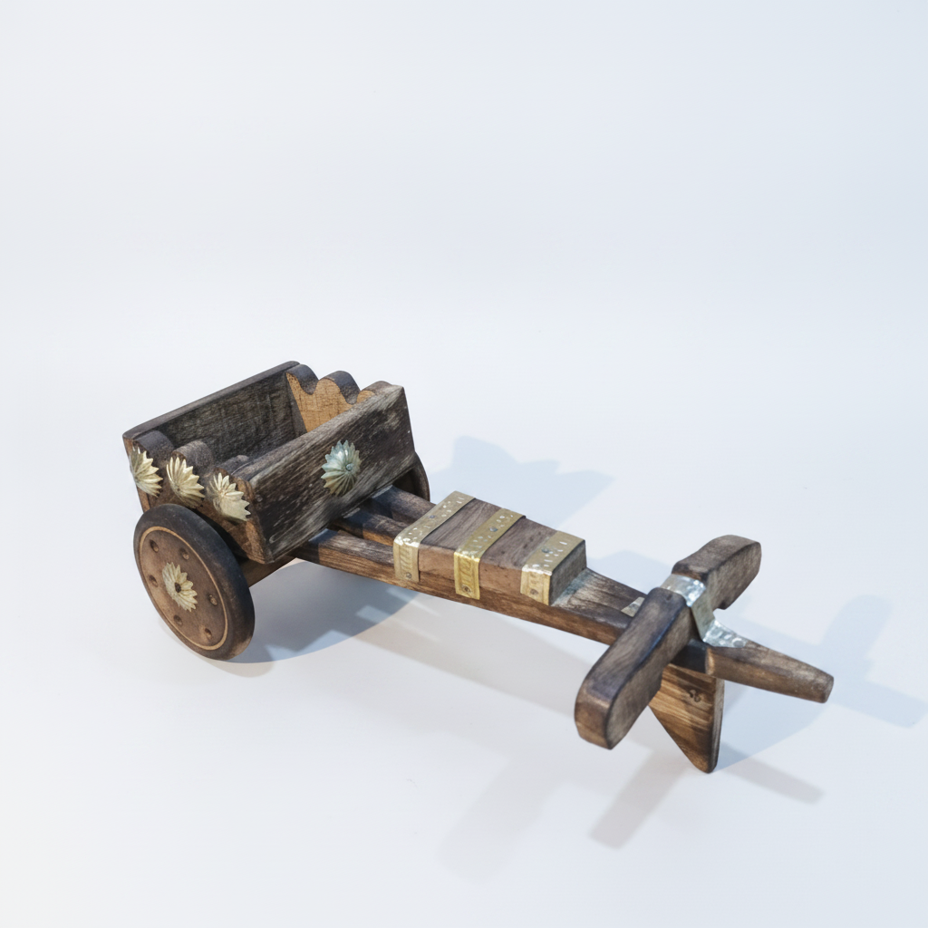 Handcrafted Wooden Bullock Cart Miniature with Brass Accents