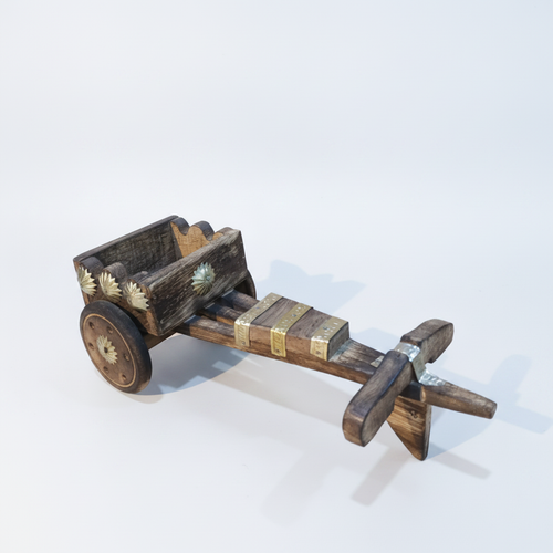Handcrafted Wooden Bullock Cart Miniature with Brass Accents