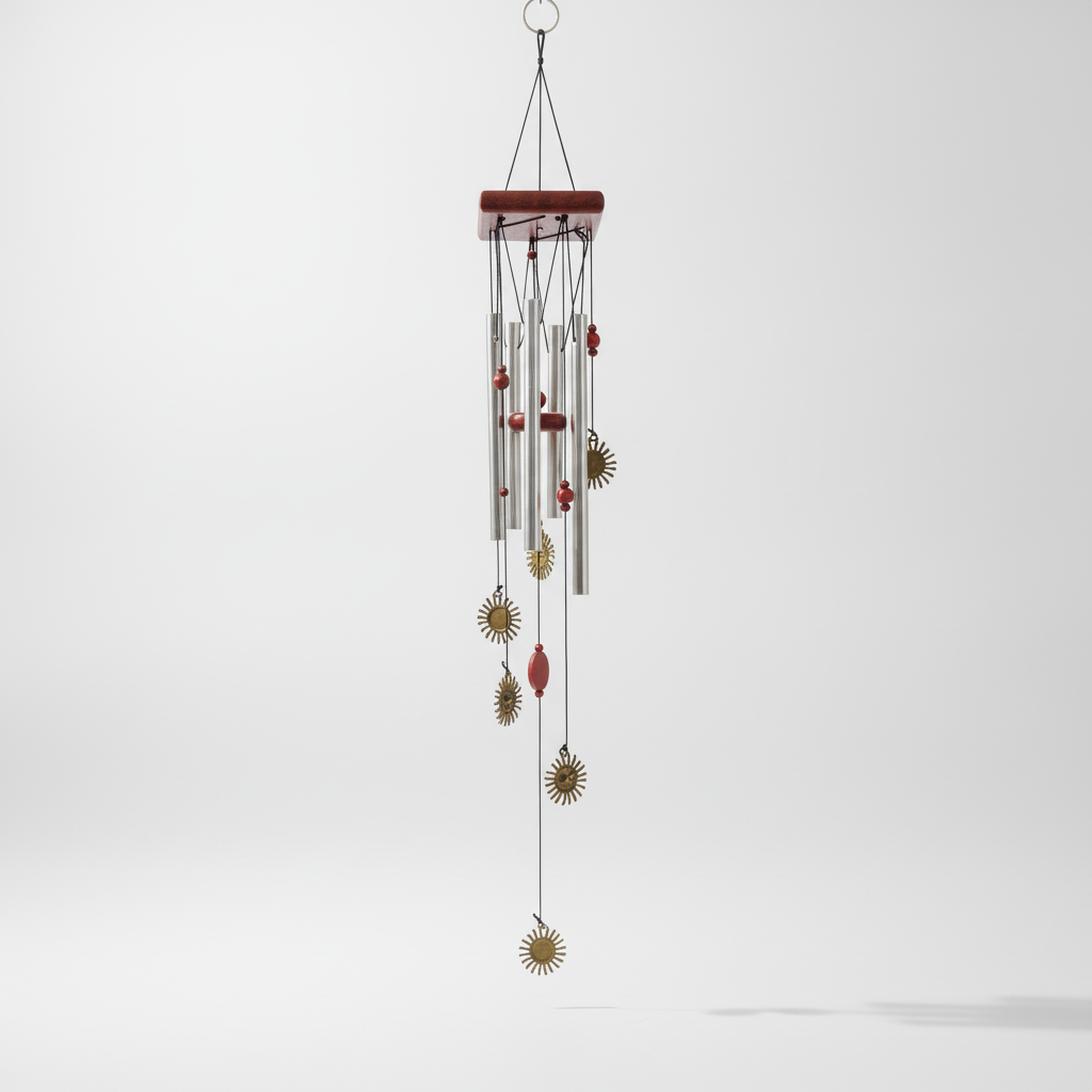 Sun Face Wind Chime with Silver Tubes & Red Beads