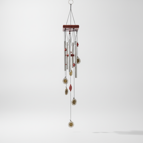Sun Face Wind Chime with Silver Tubes & Red Beads