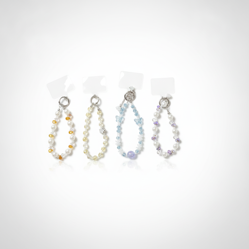 Crystal Beaded Keychain Bracelet with Pearl & Floral Charms
