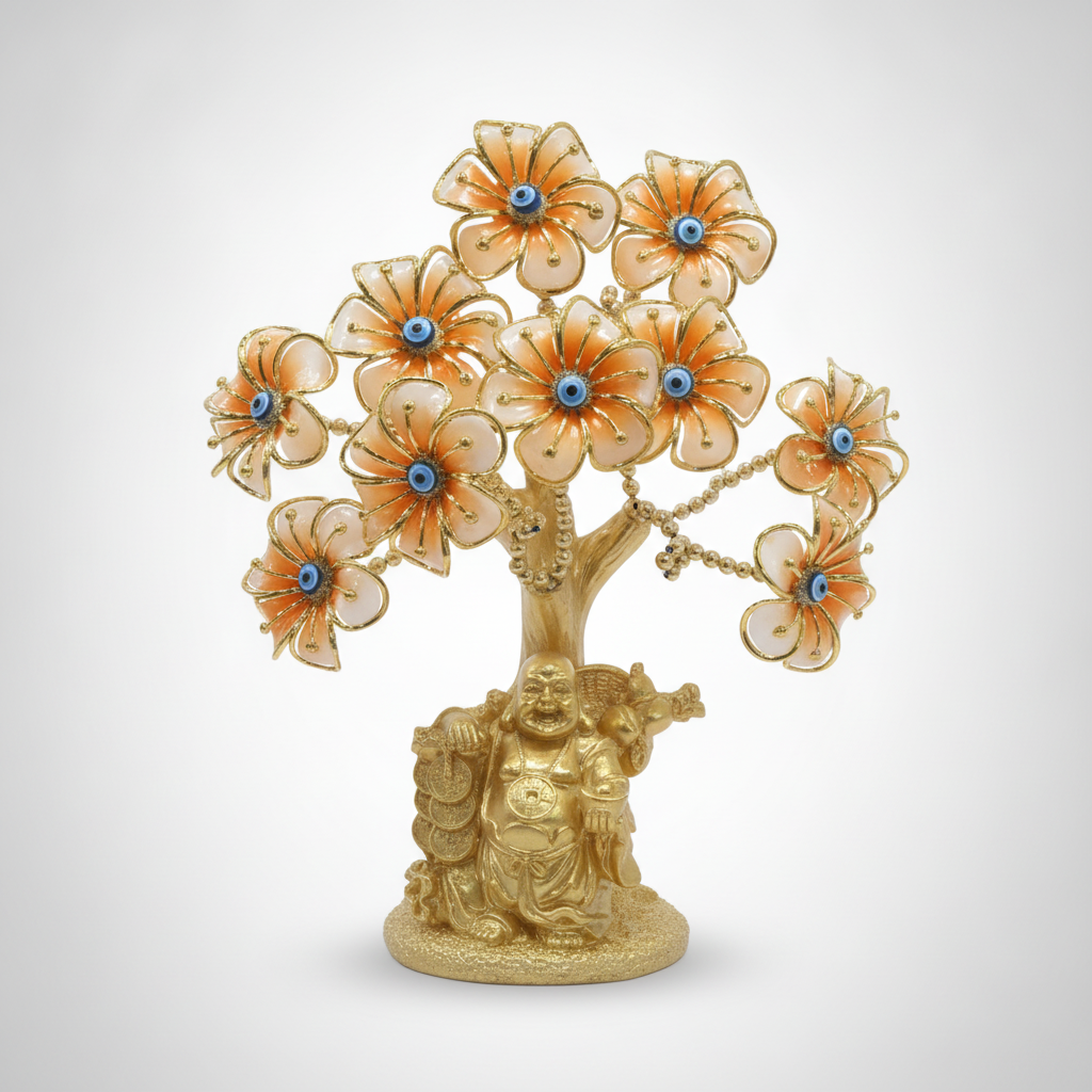 Golden Laughing Buddha Evil Eye Flower Tree Figurine