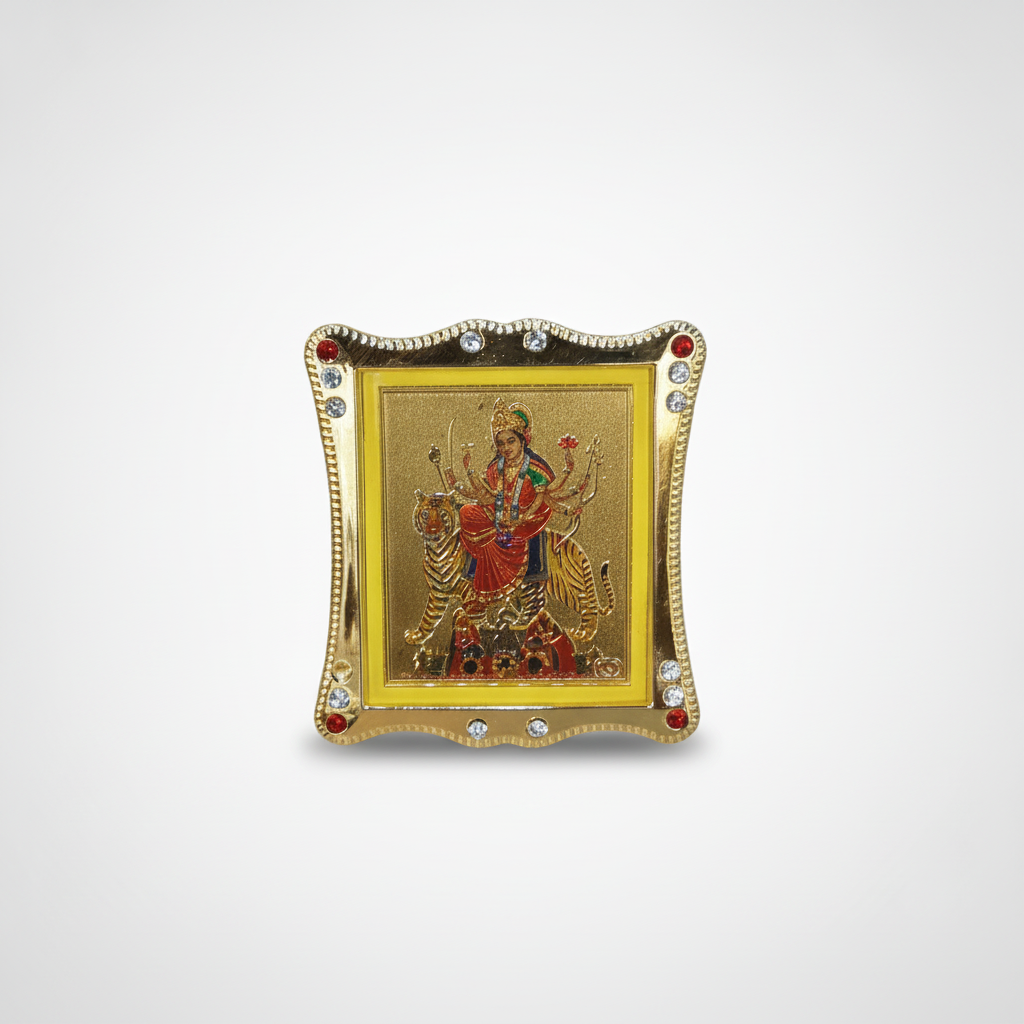 Goddess Durga Car Dashboard Idol – Gold-Tone Frame