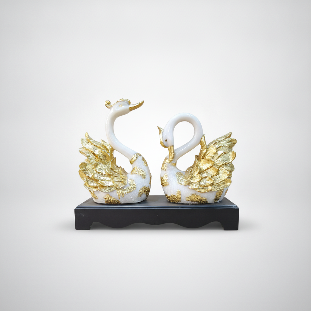 White & Gold Swan Couple Figurine on Base – 12 Inch