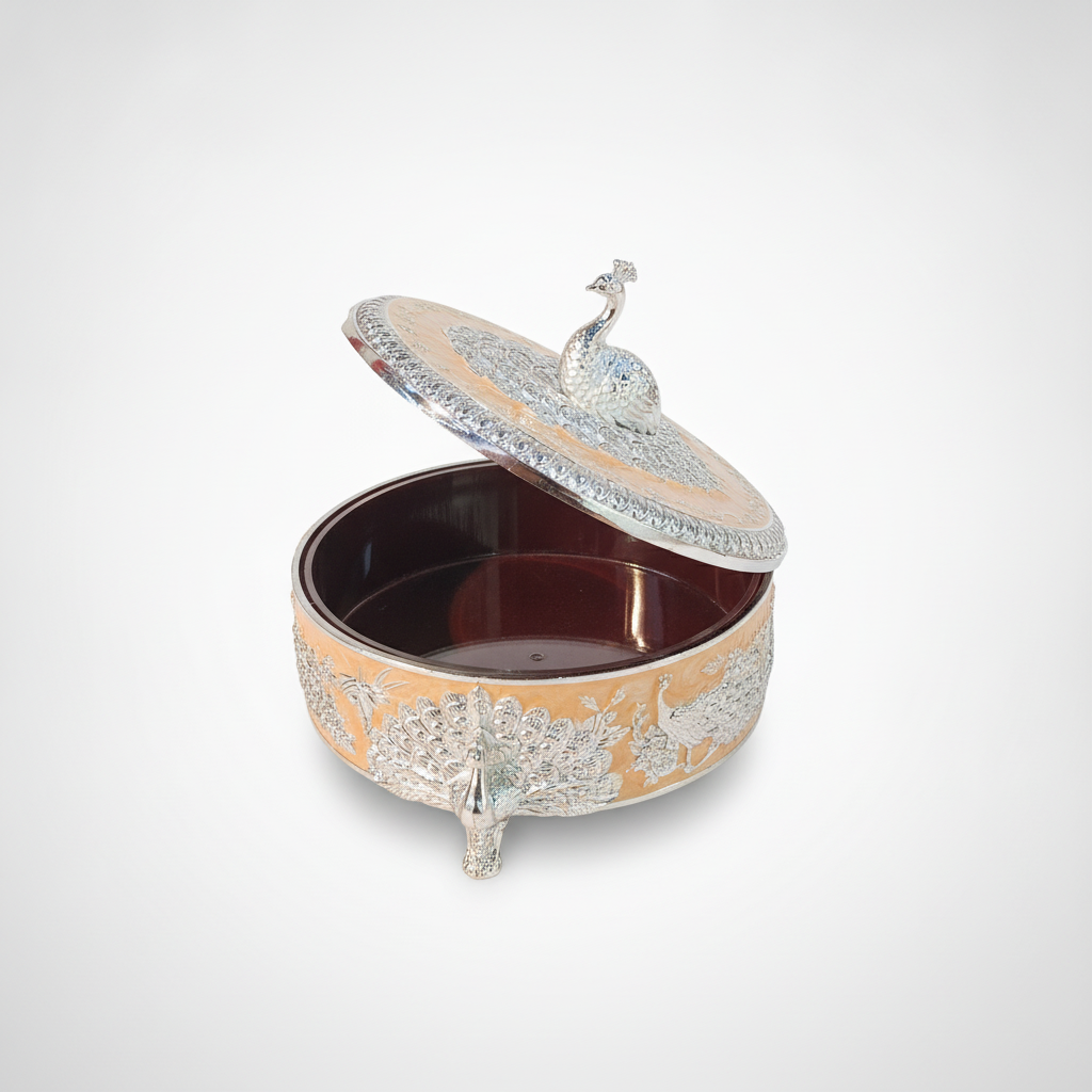 Silver Peacock Decorative Box with Lid – Ornate Metal Trinket Box