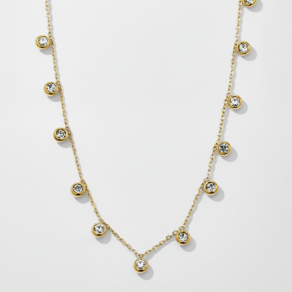 Gold Bezel Crystal Charm Station Necklace