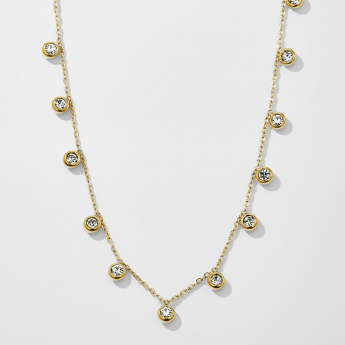 Gold Bezel Crystal Charm Station Necklace