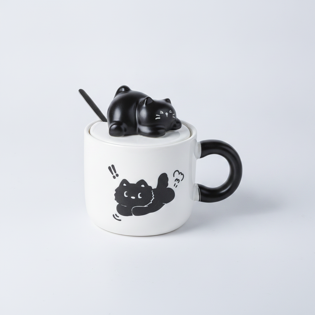 Black Cat Ceramic Mug with 3D Lid & Spoon Set