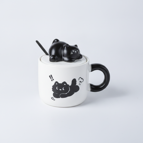 Black Cat Ceramic Mug with 3D Lid & Spoon Set