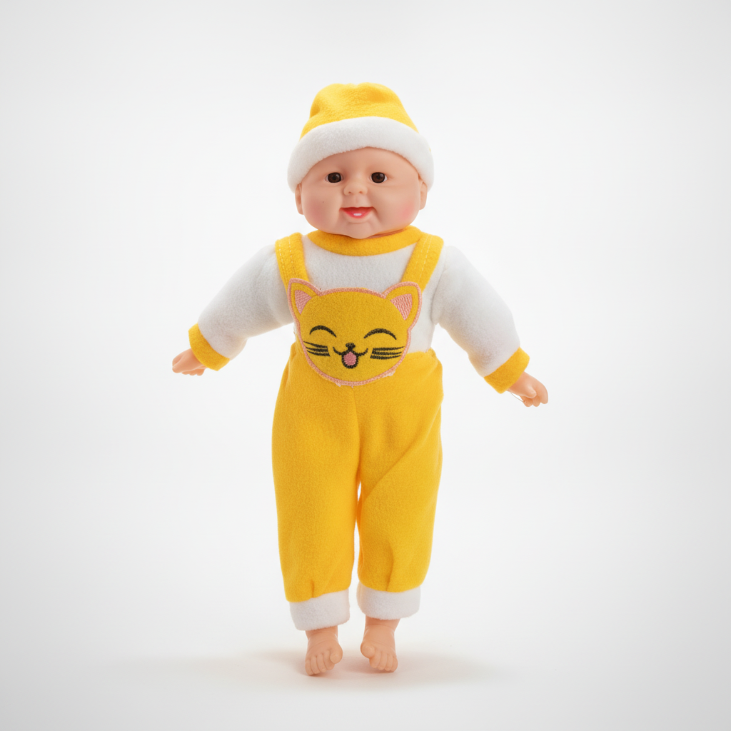 Musical Baby Doll with Yellow Cat Overalls & Hat