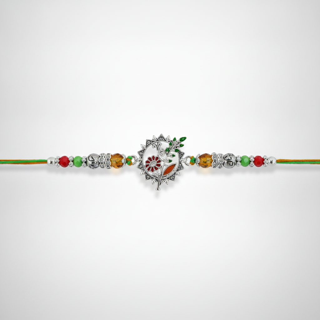 Elegant Floral Silver Rakhi with Colorful Crystal Beads